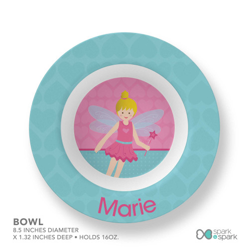 Personalized kids bowl with pink fairy girl wings wand and name Marie on heart background