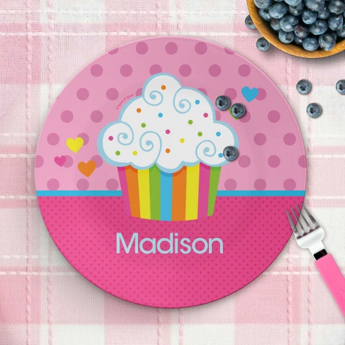 Montessori kids plate Rainbow Cupcake showing rainbow frosted cupcake with birthday, custom name, 10in round, BPA free, dishwasher safe