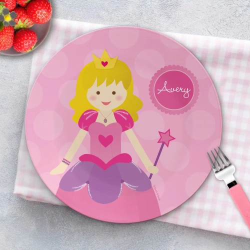 Personalized kids plate with cute pink princess crown wand and name Avery on polka dot background