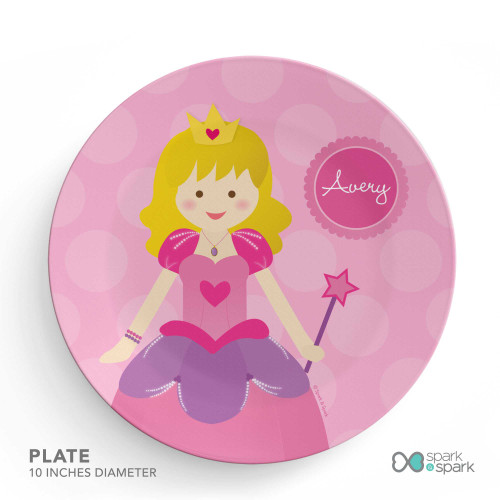 Personalized kids plate with cute pink princess crown wand and name Avery on polka dot background