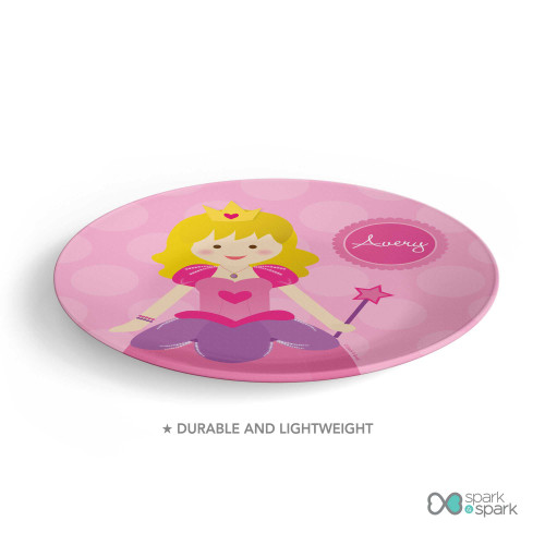Personalized kids plate with cute pink princess crown wand and name Avery on polka dot background