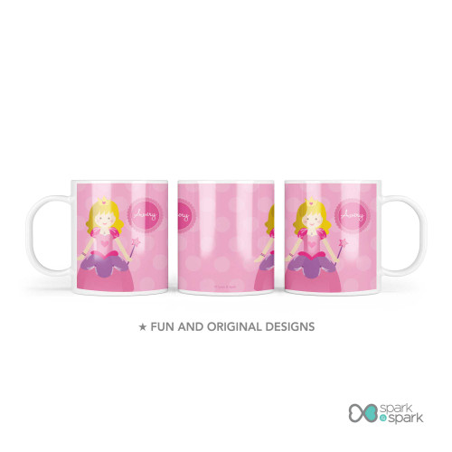 Personalized kids cup with cute pink princess crown wand and name Avery on polka dot background