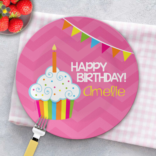 Personalized birthday gift kids - Happy Bday Girl personalized plate showing birthday cake with candles and, custom name, 10in round, BPA free