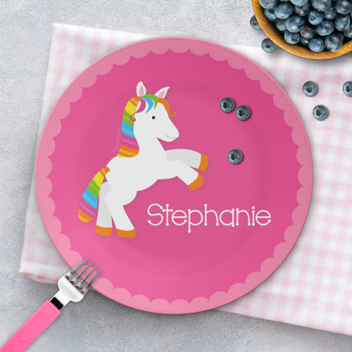 Playful Pony personalized plate, first birthday gift personalized, featuring playful pink-maned pony horse in, custom name, 10in round, BPA free