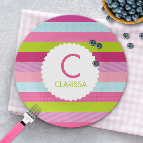 Back to school gift kids - Pastel Stripes plate with soft pastel pink and white, personalized name, custom name, 10in round, BPA free, dishwasher safe