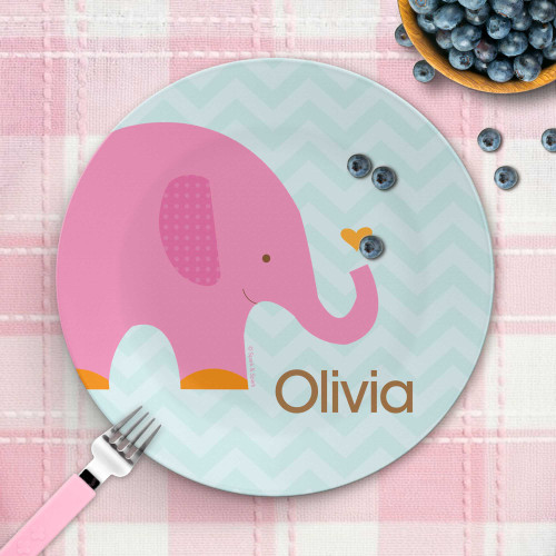 Sweet Pink Elephant personalized plate, custom kids dinnerware set, featuring sweet pink elephant with flowers, custom name, 10in round, BPA free