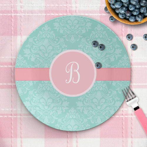 Personalized girls plate Pretty Blue Damask - Montessori kids plate - Elegant blue damask swirl pattern, custom name, 10in round, BPA free