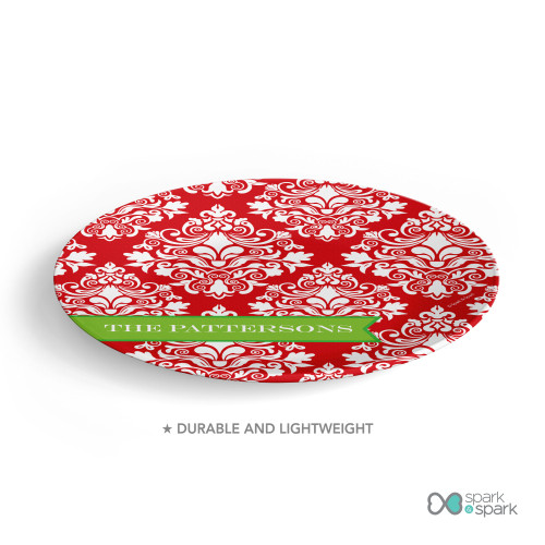 Red Damask Wonder Personalized Christmas plate