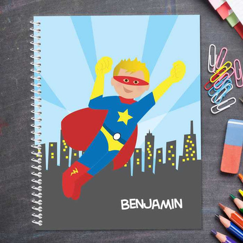 cool blonde superhero personalized notebook for kids