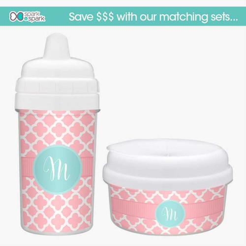 No Spill Cup with Pretty Pink Quatrefoil