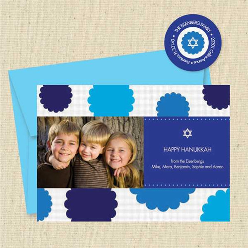 Shown with optional bright blue envelope and matching return address label