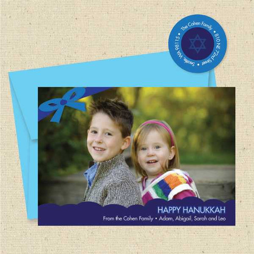 Shown with optional bright blue envelope and matching return address label