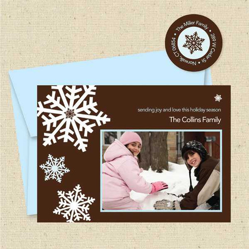 Shown with light blue envelope and matching return address label