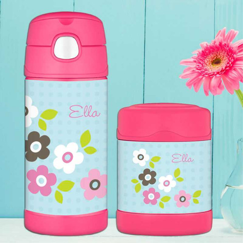 Blue Preppy Flowers Personalized Thermos For Kids