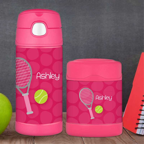 Pink Tennis Racket And Ball Personalized Thermos For Kids