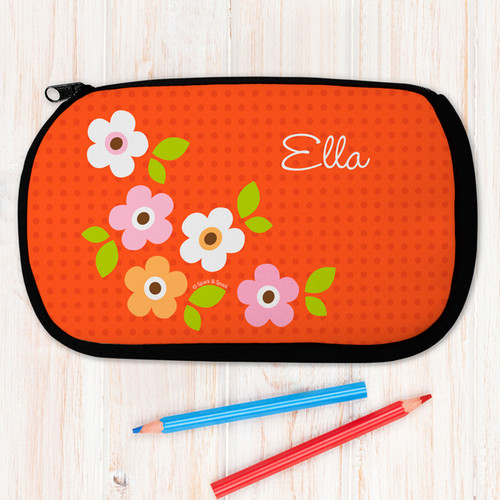 Orange Preppy Flowers Personalized Pencil Case For Kids