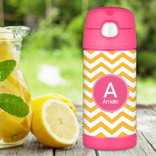 Chevron Mustard and Pink Thermos Bottle
