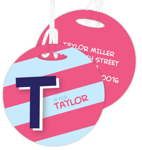 Double Initial And Stripe Blue Luggage Tags For Kids