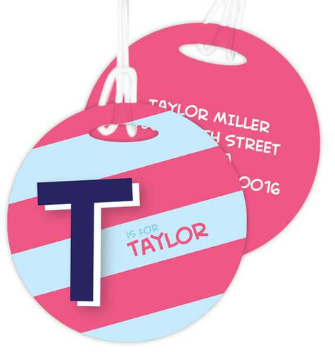 Double Initial And Stripe Blue Luggage Tags For Kids