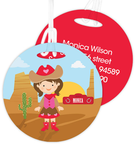Brunette Cowgirl Kids Luggage Tags