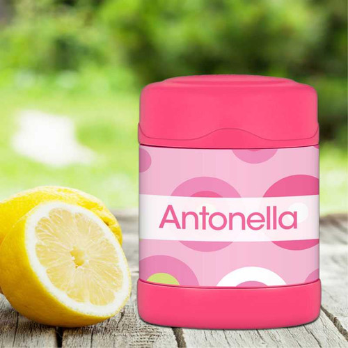 pink circles and circles personalized thermos food jar for kids