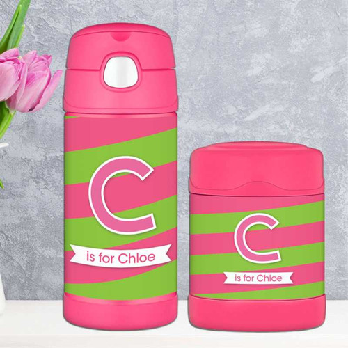 Double Initial Stripes Pink Thermos Food Jar