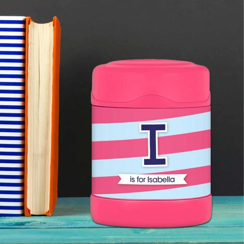 blue and pink double initial and stripes personalized thermos food jar for kids