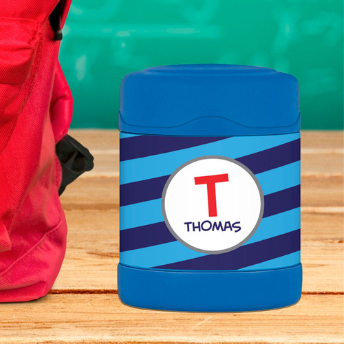 fun blue initial personalized thermos food jar for kids