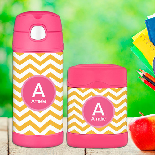 Chevron Mustard and Pink Thermos Food Jar