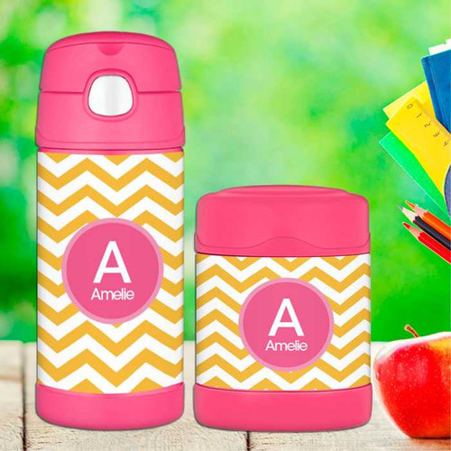 Chevron Mustard and Pink Thermos Food Jar