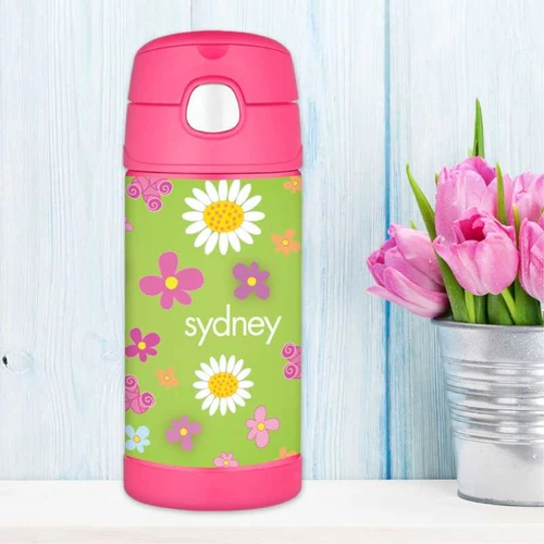Green Field Of Flowers Personalized Thermos For Kids