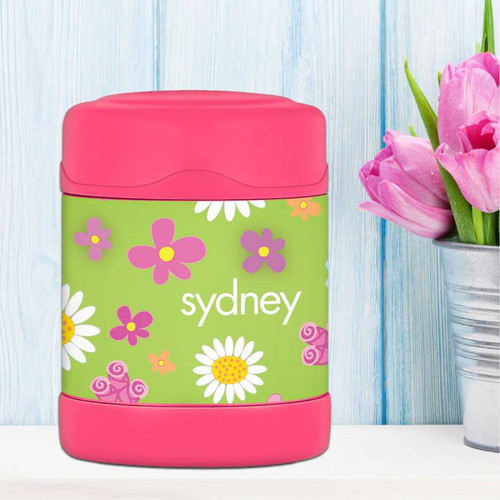 green field of flowers personalized thermos food jar for kids