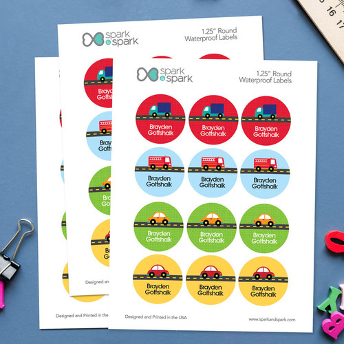 Cute Cars & Trucks Waterproof Labels for Kids (Set of 48)