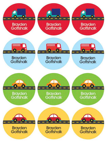 Cute Cars & Trucks Waterproof Labels for Kids (Set of 48)