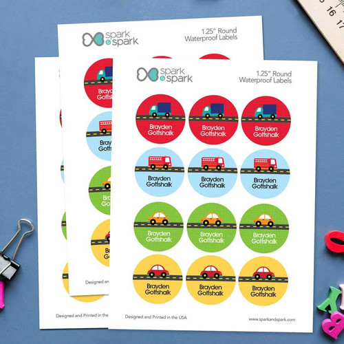 Cute Cars & Trucks Waterproof Labels for Kids (Set of 48)