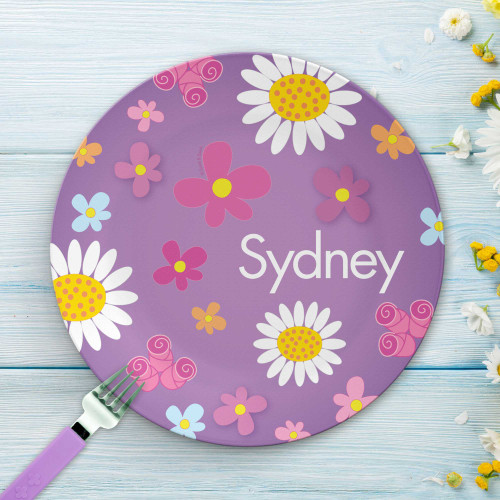 Toddler birthday gift - Field Of Flowers personalized plate showing lush flower field green and, custom name, 10in round, BPA free, dishwasher safe