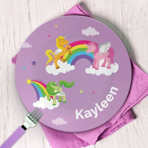 First birthday gift personalized - Sweet Unicorns plate with sweet unicorns with rainbow magical, personalized name, custom name, 10in round, BPA
