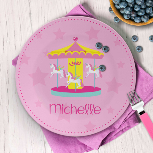 Personalized girls plate Sweet Carousel - Colorful merry-go-round carousel horses - Personalized christmas gift kids, custom name, 10in round, BPA