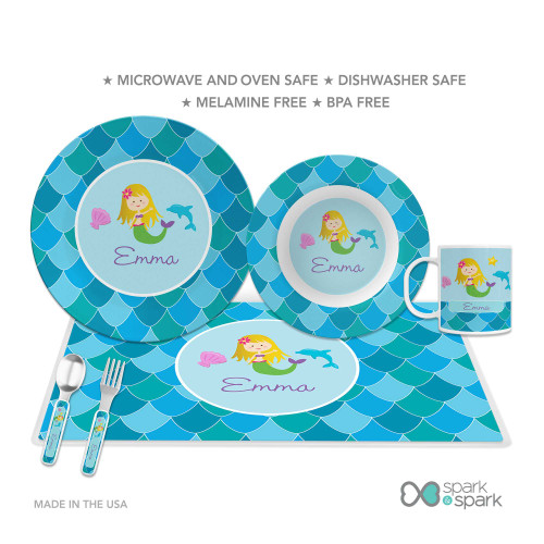 Personalized kids dinnerware with mermaid dolphin seashell and ocean scale pattern in blue tones and name Emma