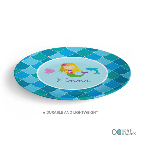 Personalized kids plate with mermaid dolphin seashell and ocean scale pattern in blue tones and name Emma