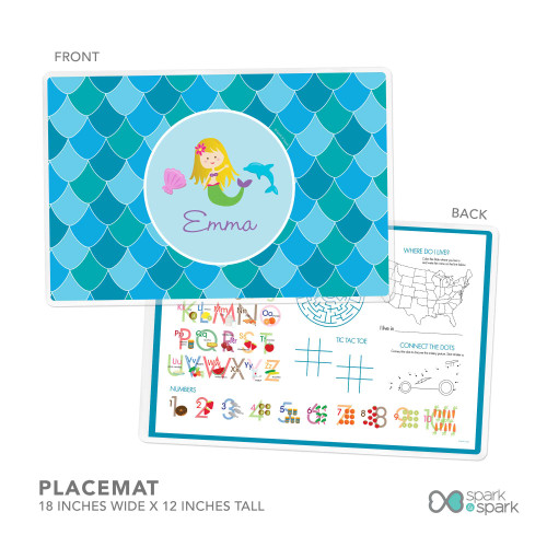 Personalized kids placemat with mermaid dolphin seashell and ocean scale pattern in blue tones and name Emma