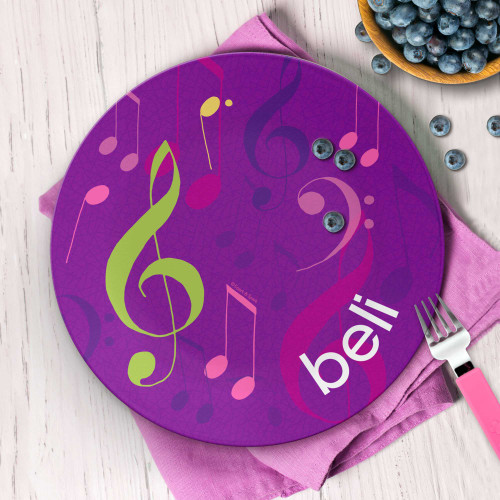Personalized preschool plate for girls - Girly Music Notes plate with purple music notes swirl girly, custom name, 10in round, BPA free, dishwasher