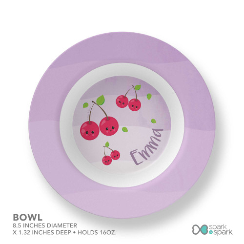 Yummy Cherries personalized bowl and bowl set featuring bright red cherries sweet summer, personalized with child's name, custom name, 8.5in 16oz