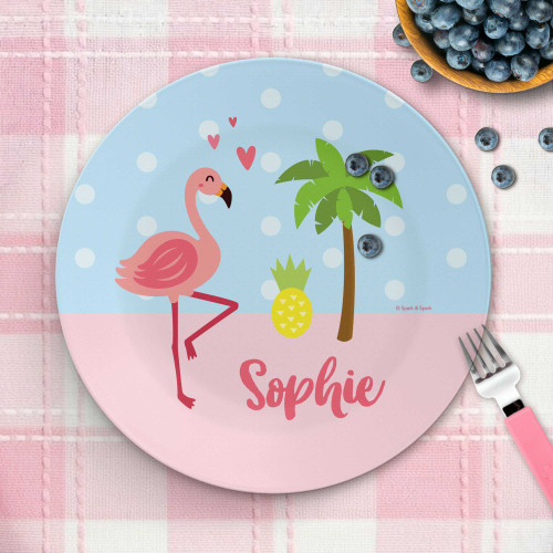 Sweet Flamingo Love personalized plate, custom baby shower gift, featuring sweet pink flamingo tropical love, custom name, 10in round, BPA free