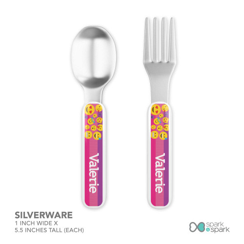 Personalized kids silverware with colorful emoji faces on pink background and name Valerie