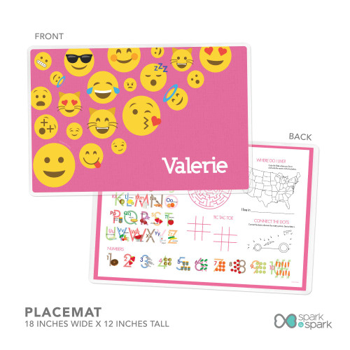 Personalized kids placemat with colorful emoji faces on pink background and name Valerie