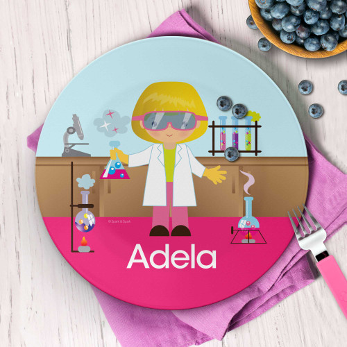Personalized kids plate with cute girl scientist holding flask in colorful lab scene and name Adela