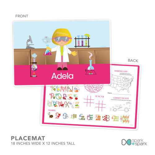 Personalized kids placemat with cute girl scientist holding flask in colorful lab scene and name Adela