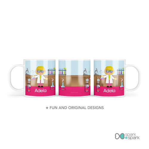 Personalized kids mug with cute girl scientist holding flask in colorful lab scene and name Adela