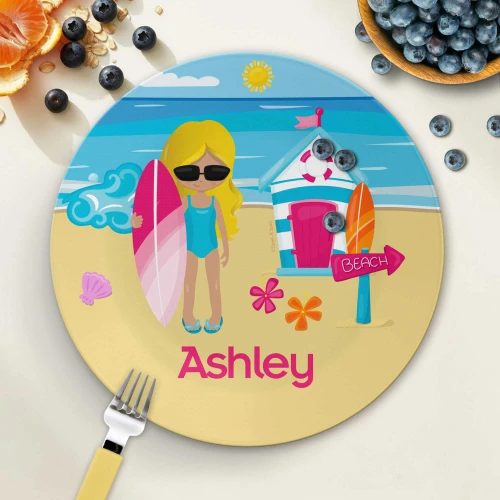 Personalized kids plate with beach girl holding surfboard sunny ocean scene and name Ashley